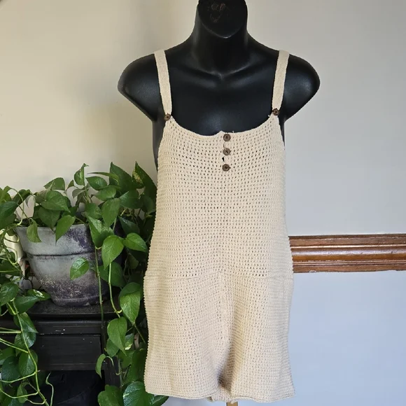 Free People Beach Ecru Cotton Crochet Romper Large - Picture 1 of 6